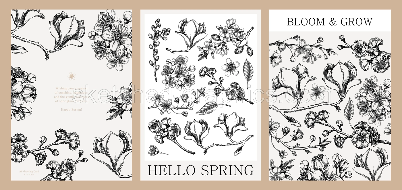 Spring design set, engraved style. Blooming trees hand-drawn vector illustration. Floral frame, book cover, poster design, greeting card. NOT AI generated Illustration